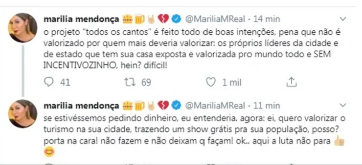 Tweet da cantora Marília Mendonça de 2019