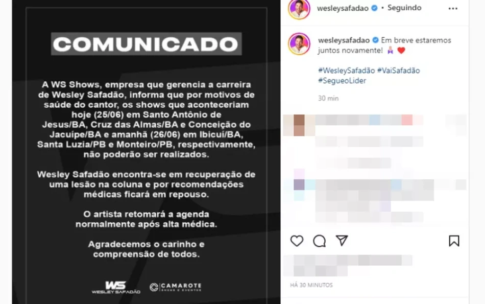 Wesley Safadão lesiona coluna e faz pausa em agenda de shows