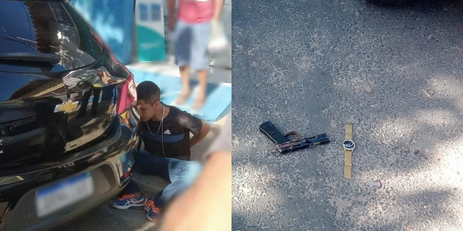 Bandido capturado pela população e itens apreendidos com ele
