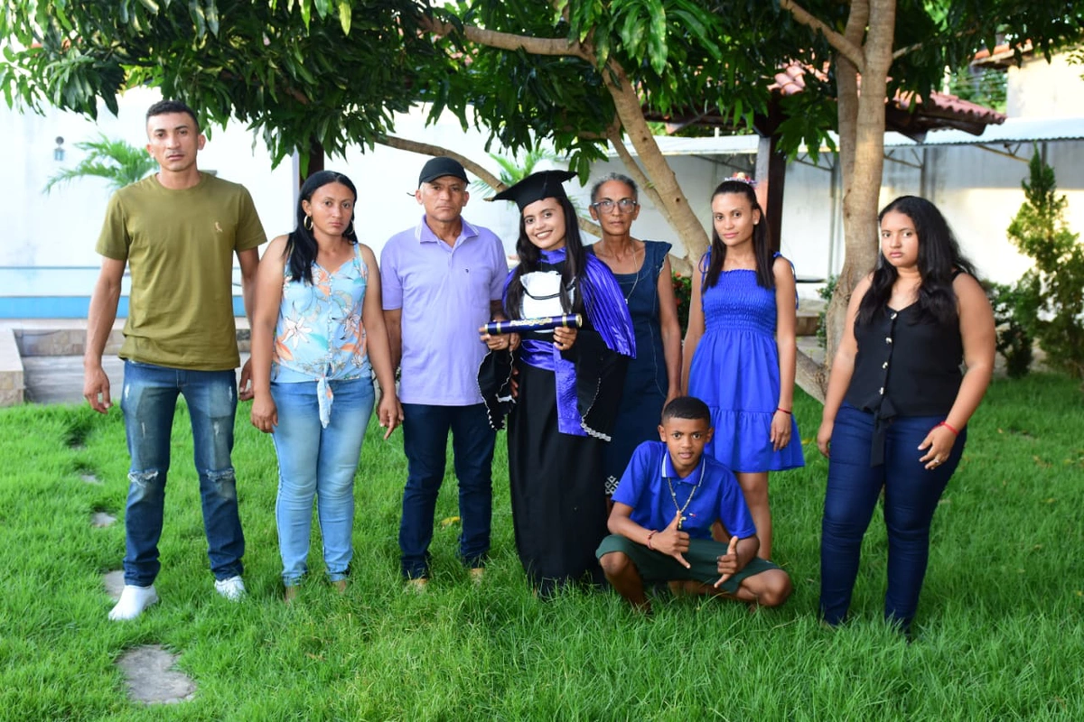 Doriete (de blusa florida), Georgina (de capelo), Doraci (de óculos), Jaqueline (de vestido azul), Lucas (de camisa azul) e Milena (de blusa preta).