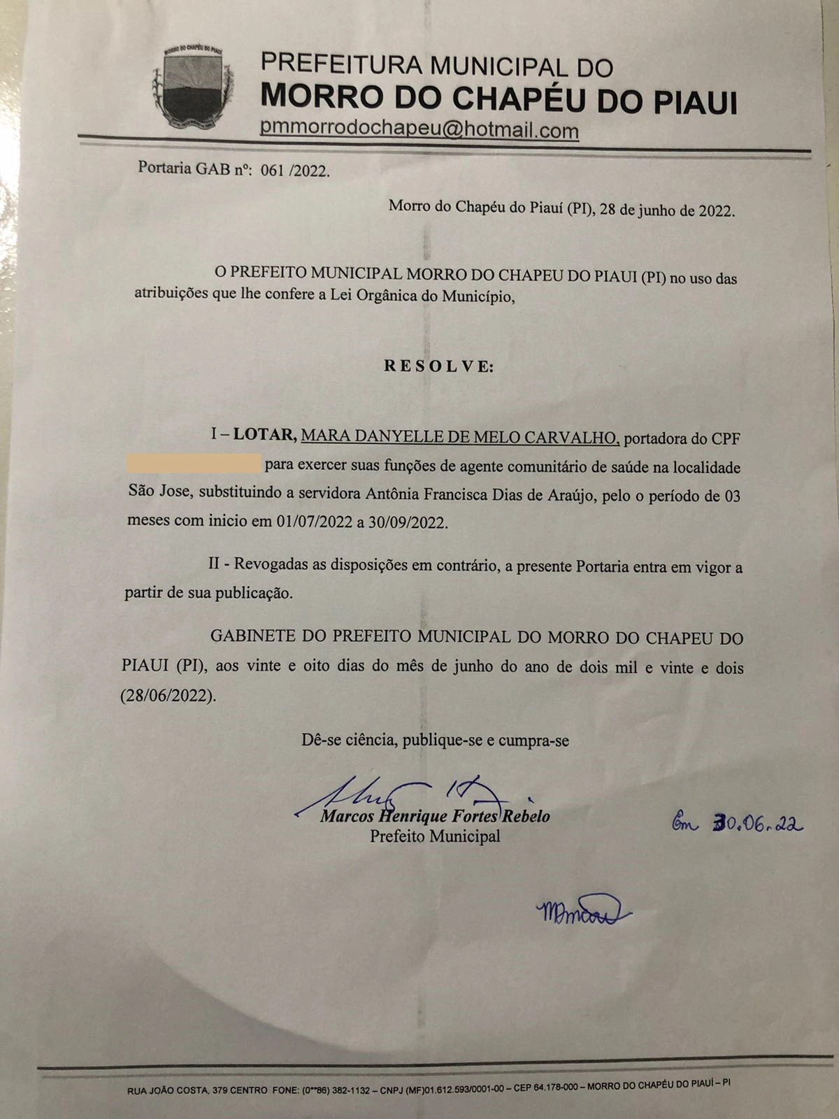 Portaria com a nova lotação da servidora