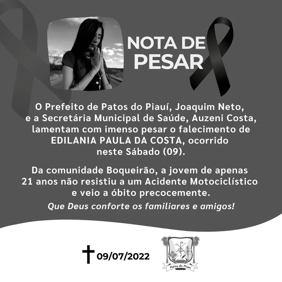 Prefeitura de Patos do Piauí lamenta morte de jovem em acidente