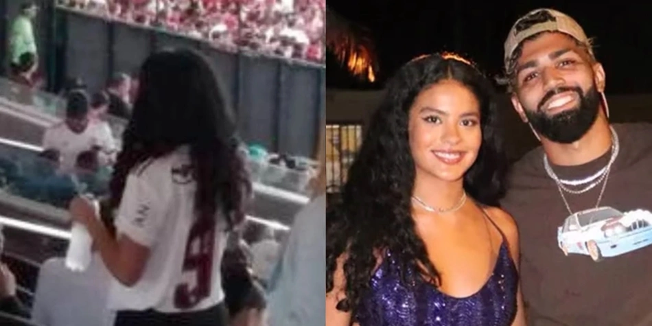 Bella Campos no jogo do Flamengo com os pais de Gabigol