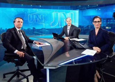 Bolsonaro com Bonner e Renata Vanconcellos em 2018, no Jornal Nacional
