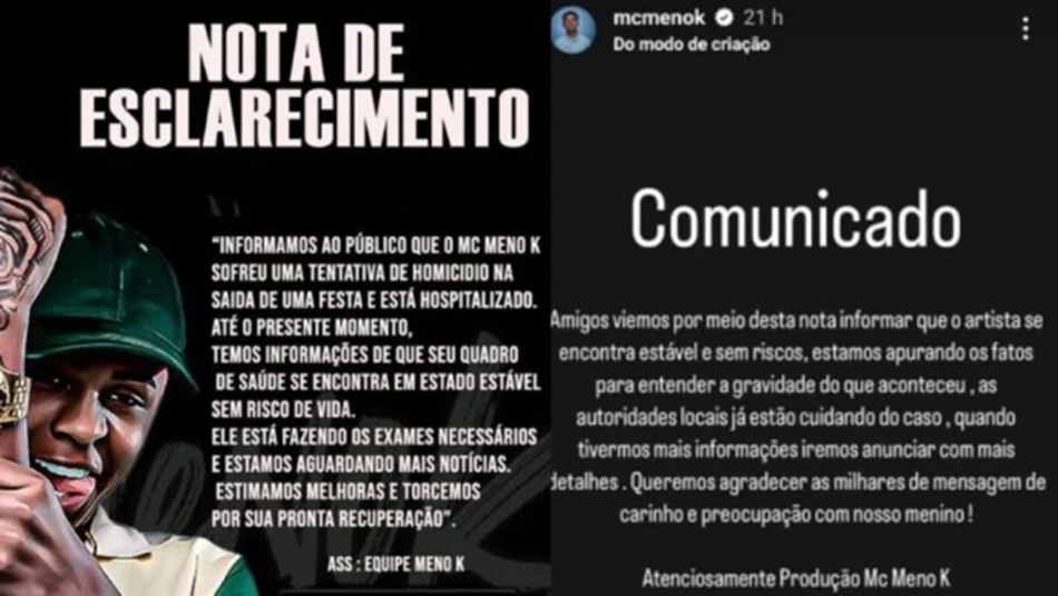 Comunicado nas redes do Mc Meno K