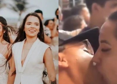 Fernanda e Maria Clara e ao lado, Fernanda aos beijos com seu ex-namorado