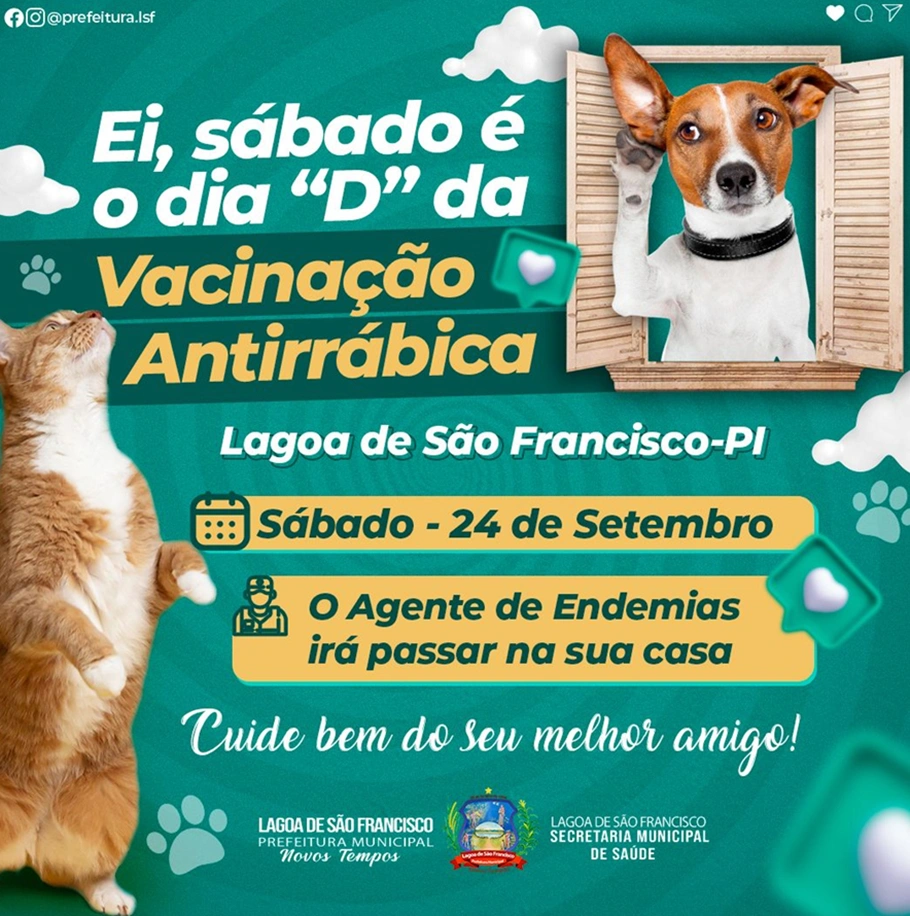 A Secretaria Municipal de Saúde estará promovendo o Dia D de vacinação antirrábica
