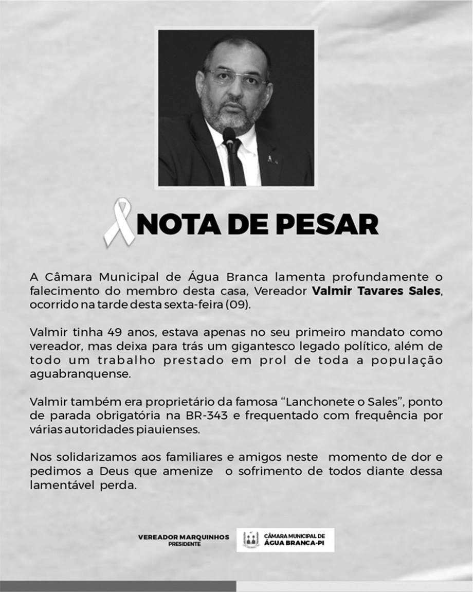 Câmara de Água Branca lamenta morte do vereador Valmir Sales
