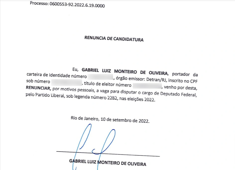 Carta de renúncia de Gabriel Monteiro