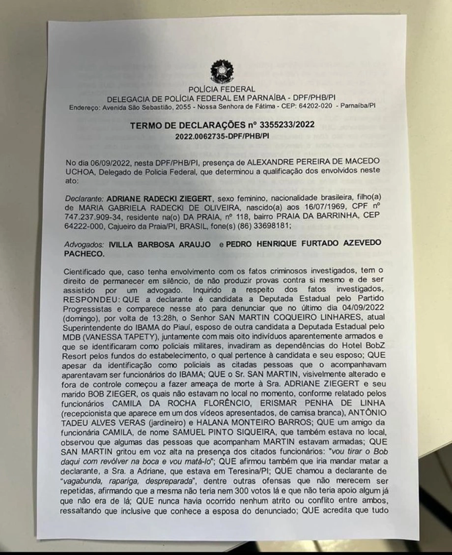 Depoimento de Adriane Ziegert à Polícia Federal