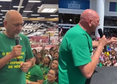 Luciano Hang discursando para funcionários e clientes