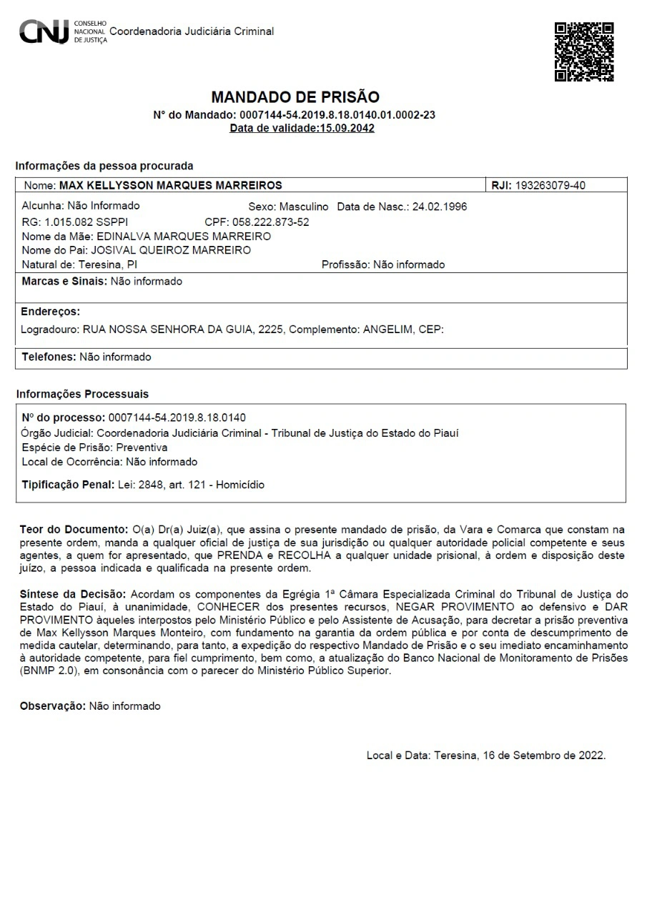 Mando de prisão foi expedido