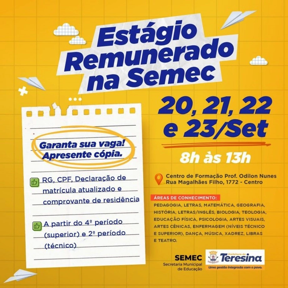 Semec abre vagas de estágio remunerado para estudantes em Teresina