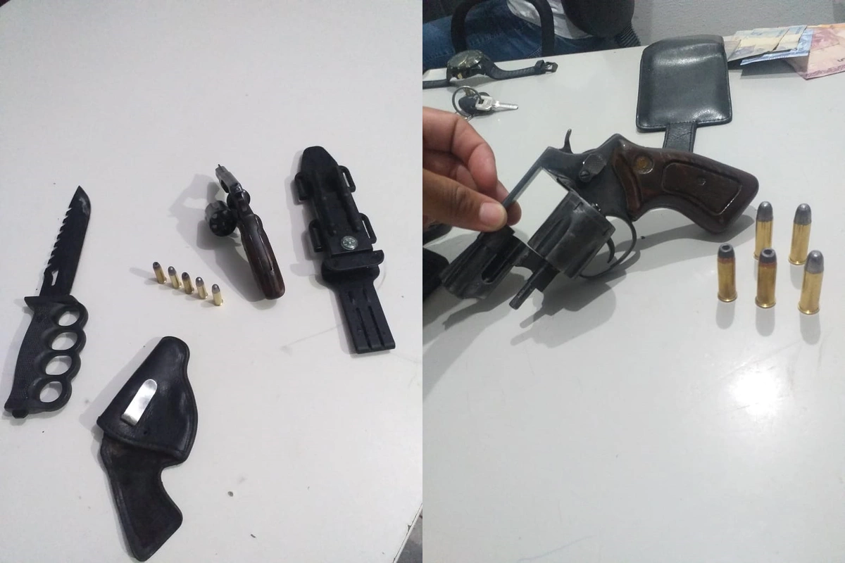 Arma de fogo e arma branca apreendida com o suspeito