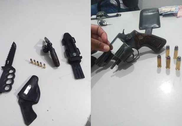 Arma de fogo e arma branca apreendida com o suspeito
