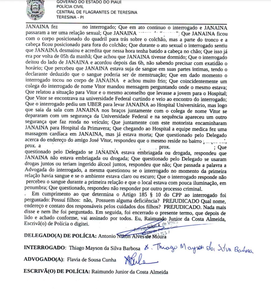 Depoimento do acusado de matar Janaina Bezerra