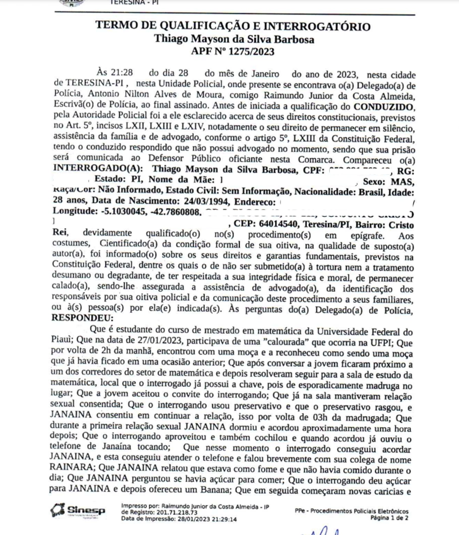 Depoimento do Thiago Mayson da Silva Barbosa
