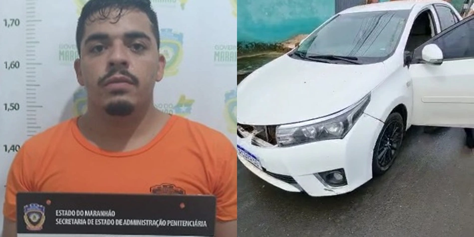 Gustavo da Costa Araújo e o carro apreendido pela Polícia Civil
