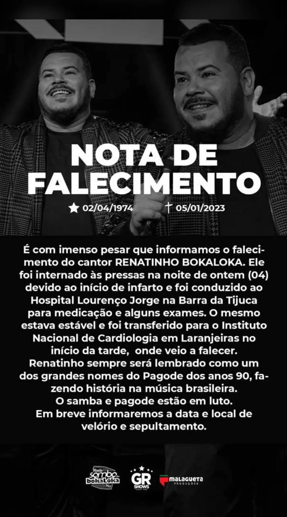 Nota de falecimento vocalista grupo Bokaloka