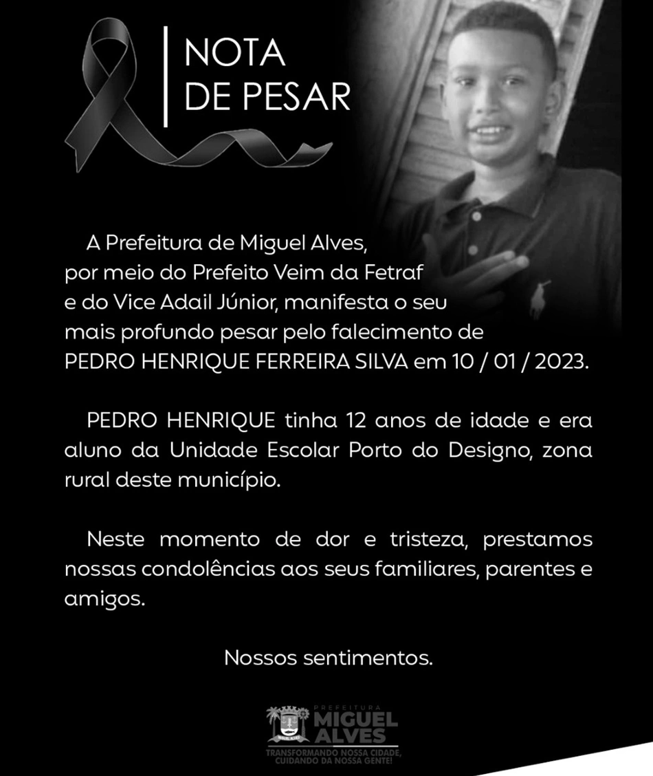 Nota de pesar da prefeitura de Miguel Alves pela morte de Pedro Henrique