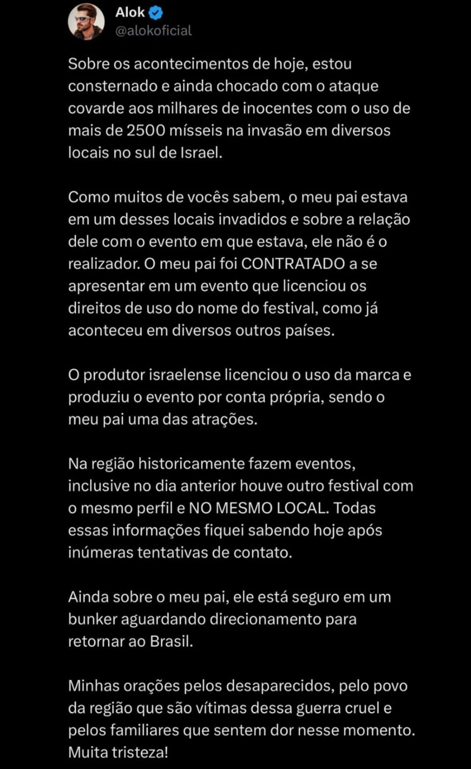 Confira a publicação de Alok na íntegra
