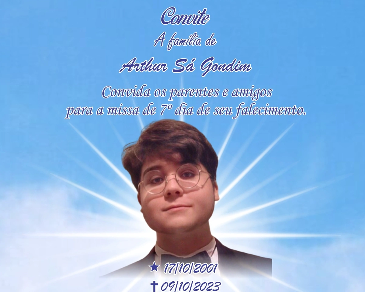 Convite da Missa de Sétimo Dia do estudante Arthur Sá