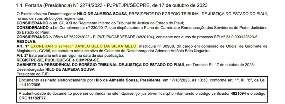 Portaria com a exoneração de Danilo Belo
