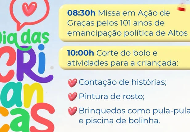 Prefeitura de Altos anuncia programação para o dia das crianças