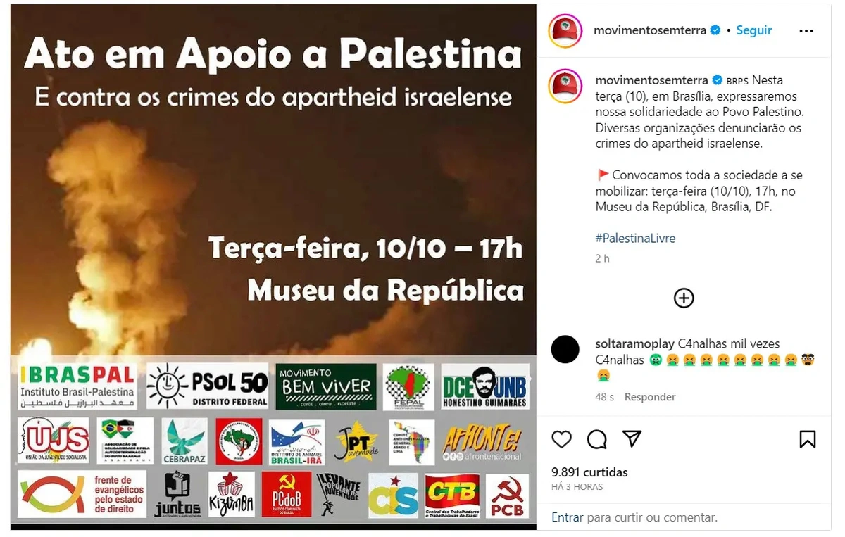 Publicação do MST em apoio ao grupo Hamas