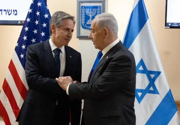 Secretário de Estado dos EUA, Antony Blinken, e Benjamin Netanyahu