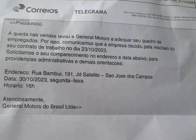 Telegrama enviado pela GM, de acordo com o Sindicato