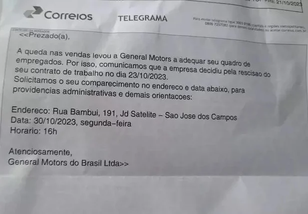 Telegrama enviado pela GM, de acordo com o Sindicato