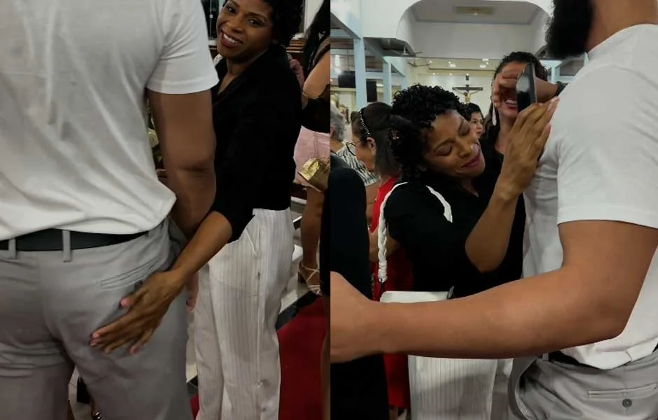 Mulher alisa homem dentro de igreja e gera polêmica