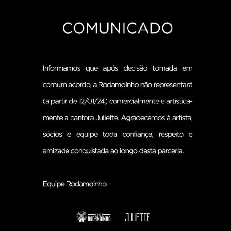 Nota de Juliette sobre rompimento com empresa de Anitta