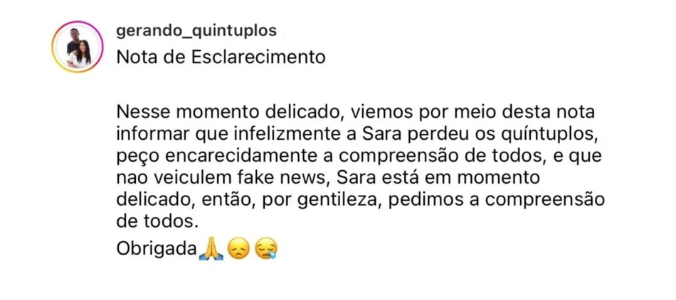 Nota publicada pelo casal, no Instagram