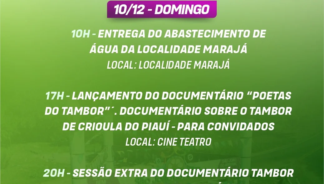 Os eventos acontecerão ao longo dos dias