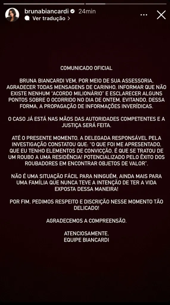 Pronunciamento de Bruna Biancardi sobre o suposto "acordo milionário"