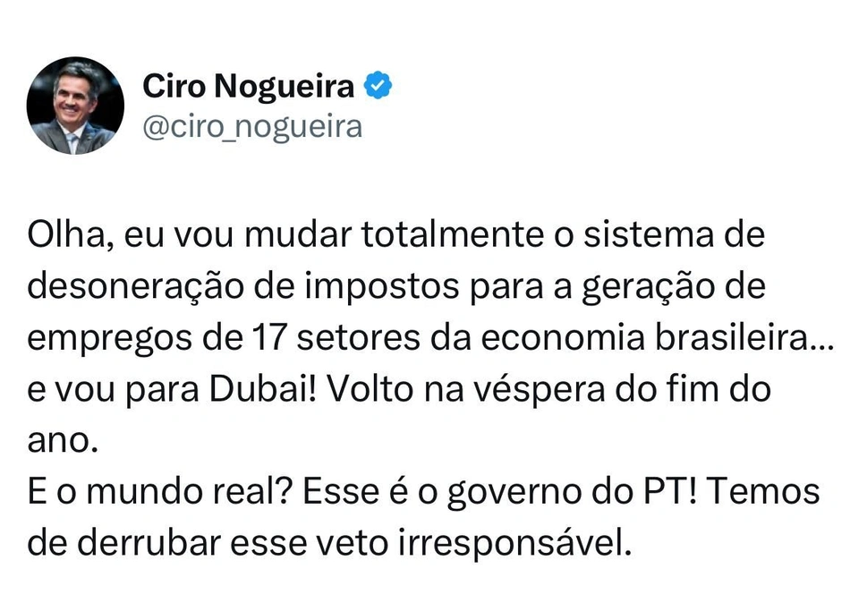 Publicação de Ciro Nogueira sobre veto de Lula