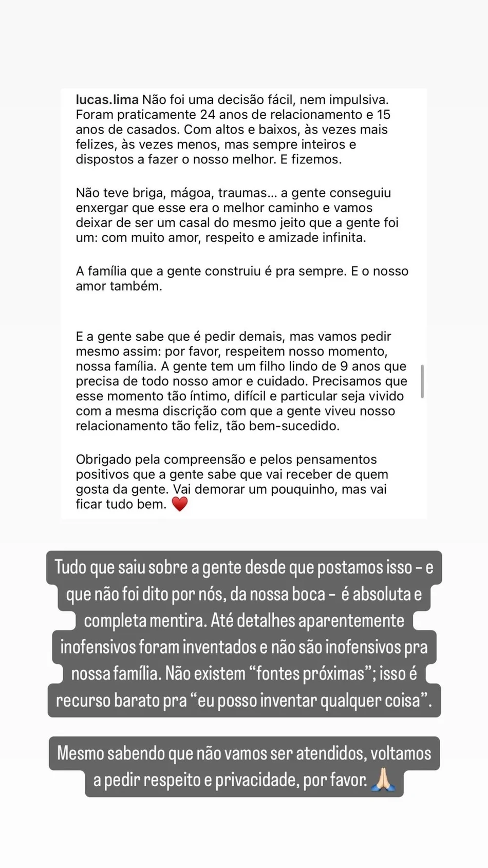 Storie de Sandy e Lucas Lima sobre uma possível reconciliação