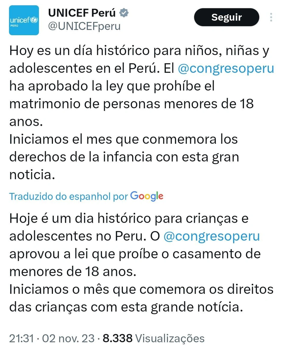 Unicef declarou que foi um dia histórico para as crianças do Peru