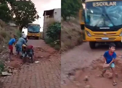 Vídeo mostra alunos retirando pedras da rua para ônibus passar em Picos