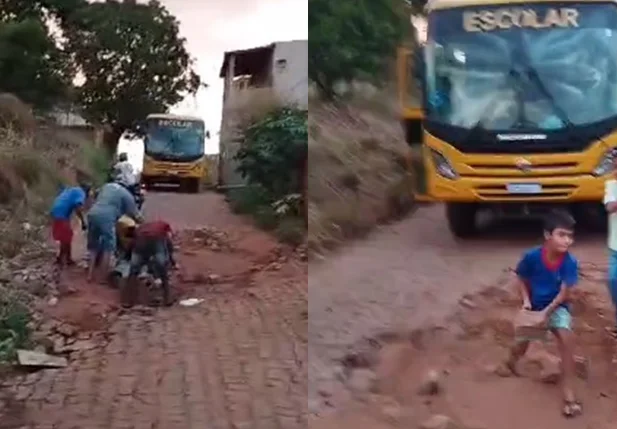 Vídeo mostra alunos retirando pedras da rua para ônibus passar em Picos