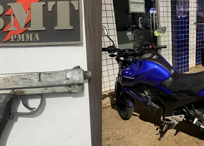 Arma e motocicleta apreendidas em posse dos menores, em Timon