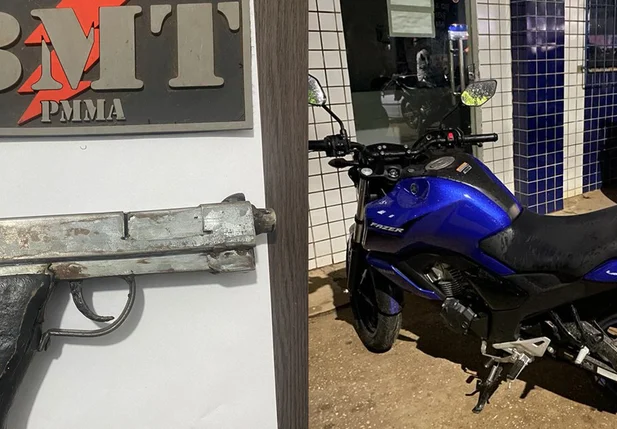 Arma e motocicleta apreendidas em posse dos menores, em Timon