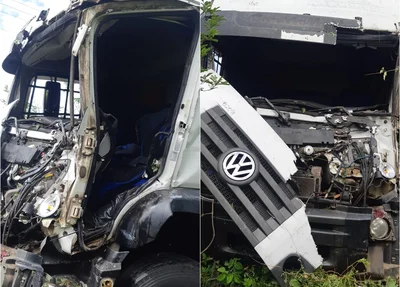 Caminhão ficou com a frente destruída após acidente em Inhuma