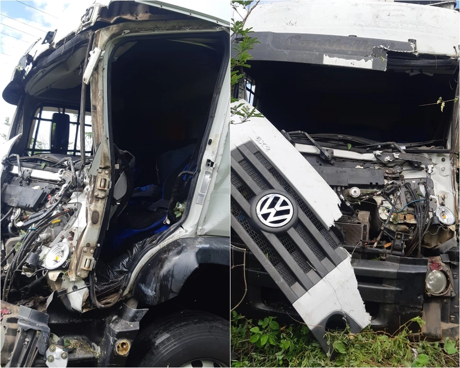 Caminhão ficou com a frente destruída após acidente em Inhuma