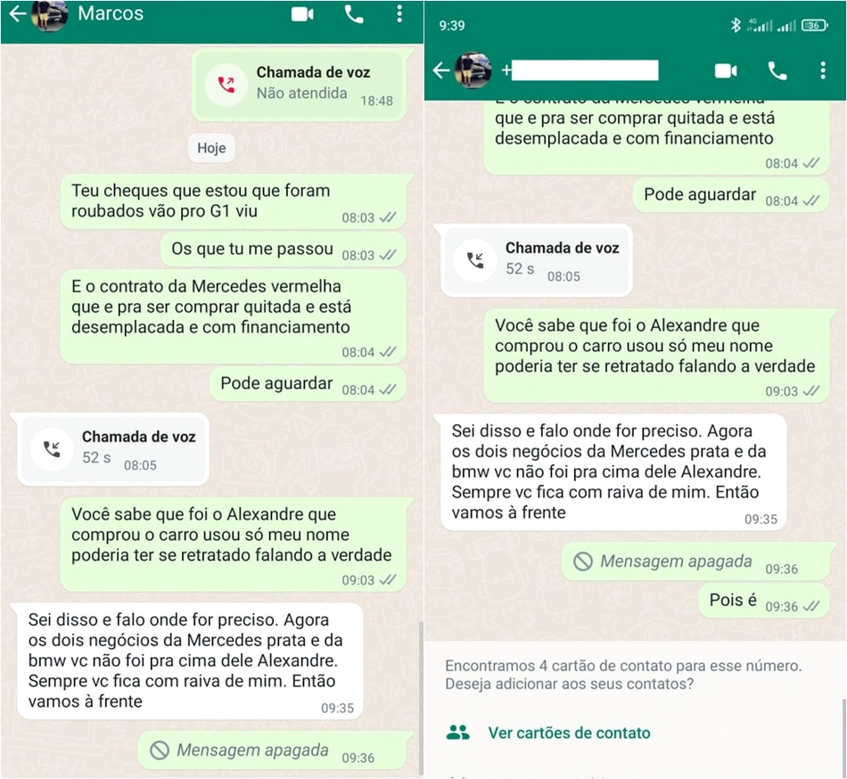 Prints de conversas entre Antonio Guilherme e Marcus Vinicius Nogueira