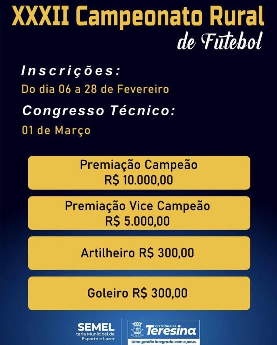 Inscrições para o XXXII Campeonato de Futebol Rural seguem até o dia 28