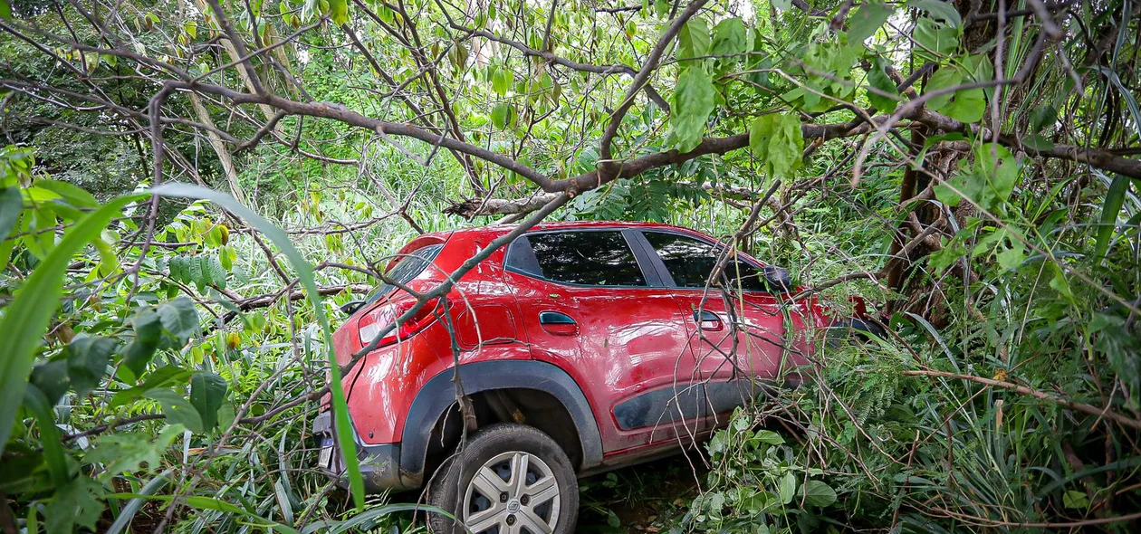 Kwid vermelho tomado de assalto por três indivíduos cai em barranco