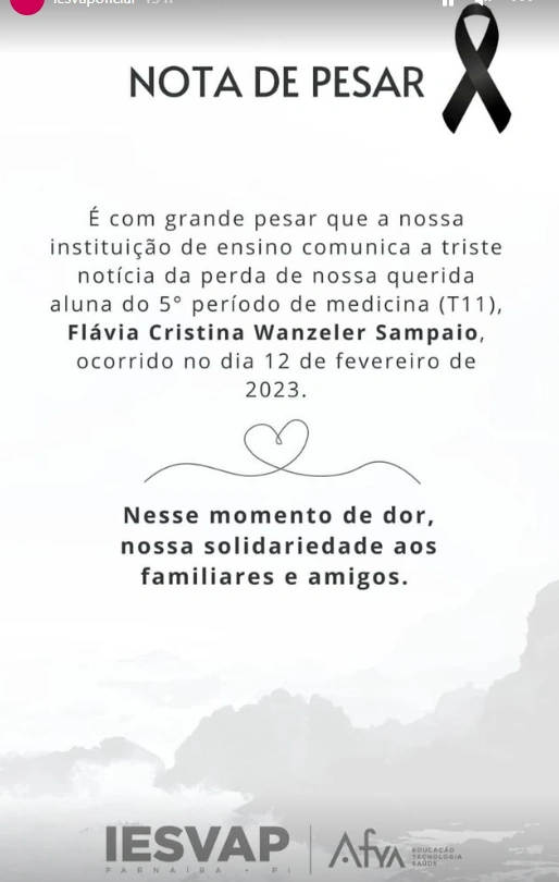 Nota de pesar publicada no Instagram da IESVAP